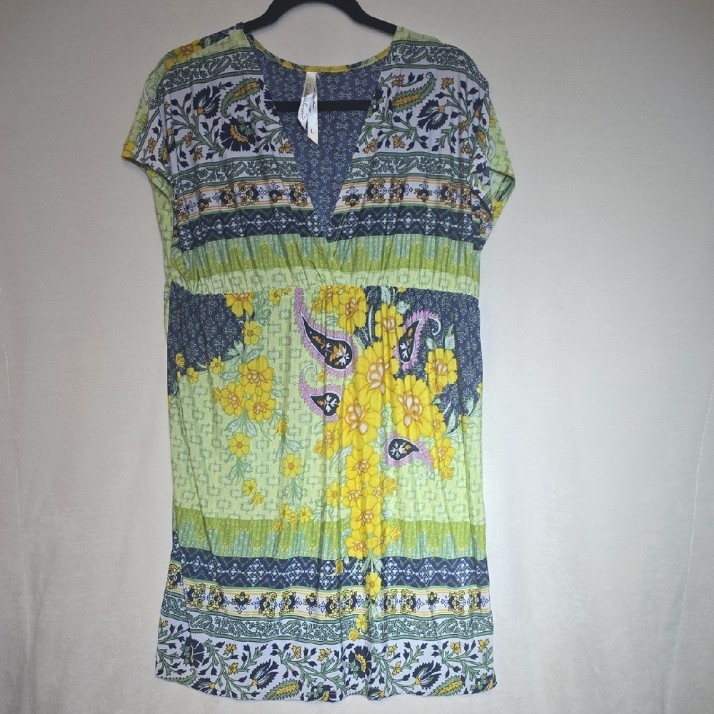 Cristinalove Short Sleeve V-neck Floral Tunic / Dress in Lime, Blues, & Yellow